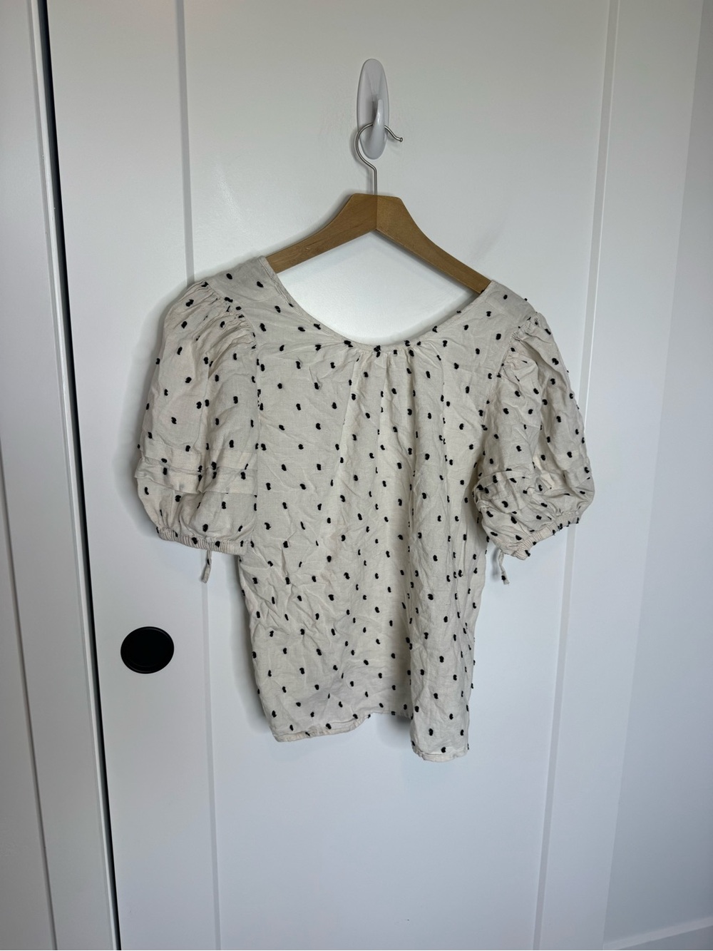 Madewell Tie Back Puff Sleeve Top Clip Dot Ivory Cotton Linen Size Large - Picture 2 of 7